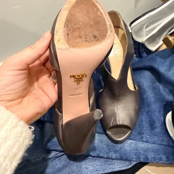 Prada Women's Dark Brown Peep-Toe Heels - Picture 3 of 5